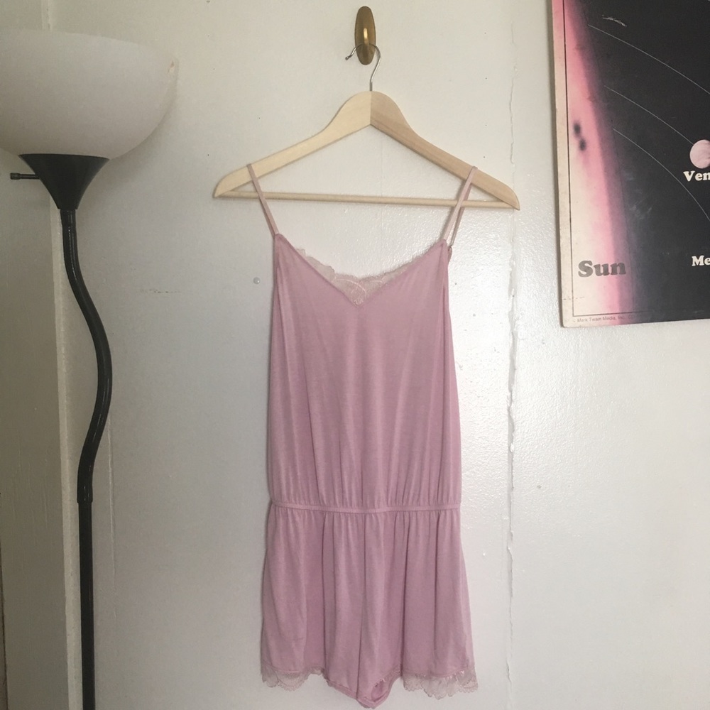 pink, lace trim romper